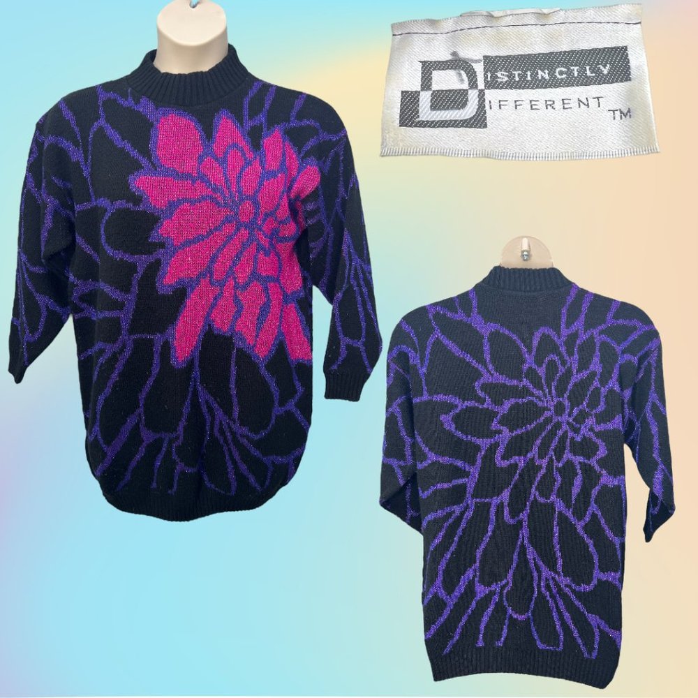 VTG 90's PLUS SIZE Black w/ Metallic Purple & Pink Floral Design Sweater Sz 18W